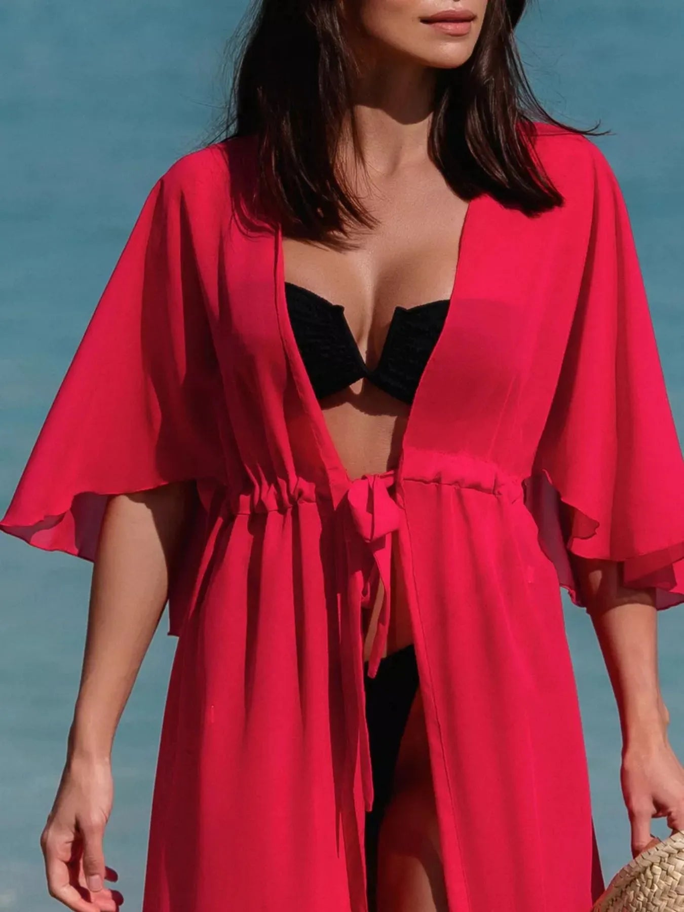 Solid Color Flutter Sleeve Cover-Up Deep Red One Size - Fashorio