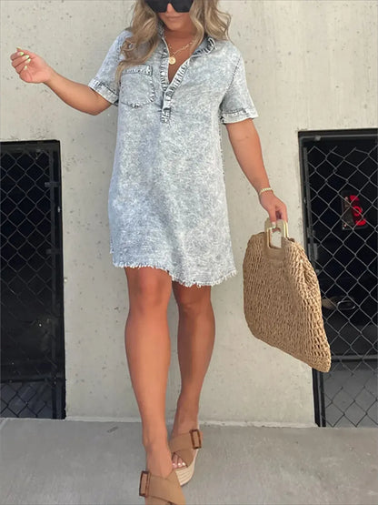 Full Size Raw Hem Short Sleeve Denim Dress Plus Size - Fashorio