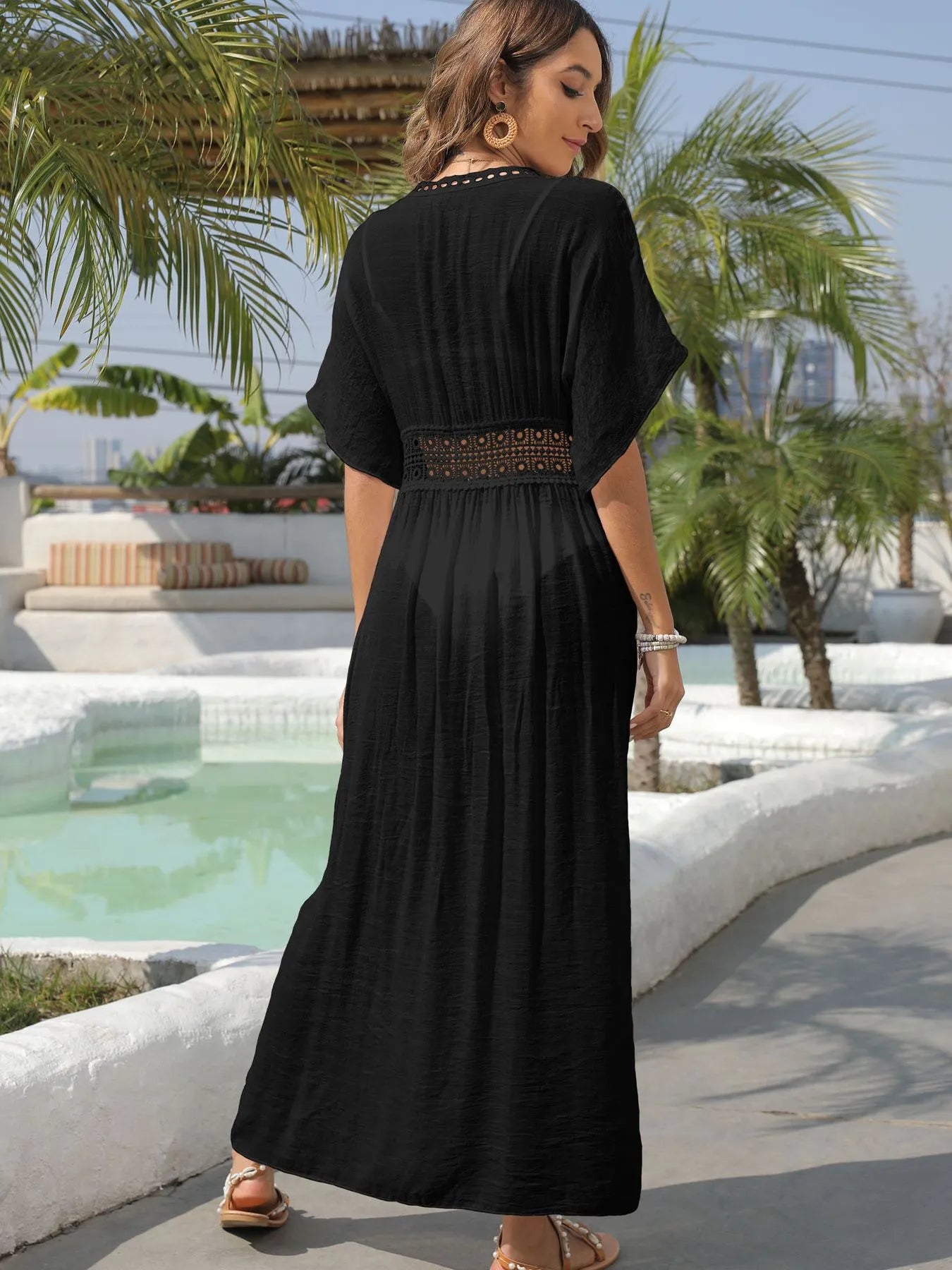 Lace Trim Plunging Beach Cover Up Maxi Dress - Fashorio