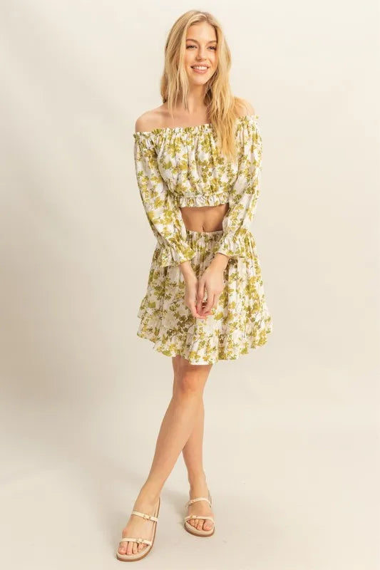 HYFVE Floral Off-Shoulder Flounce Sleeve Top and Skirt Set - Fashorio