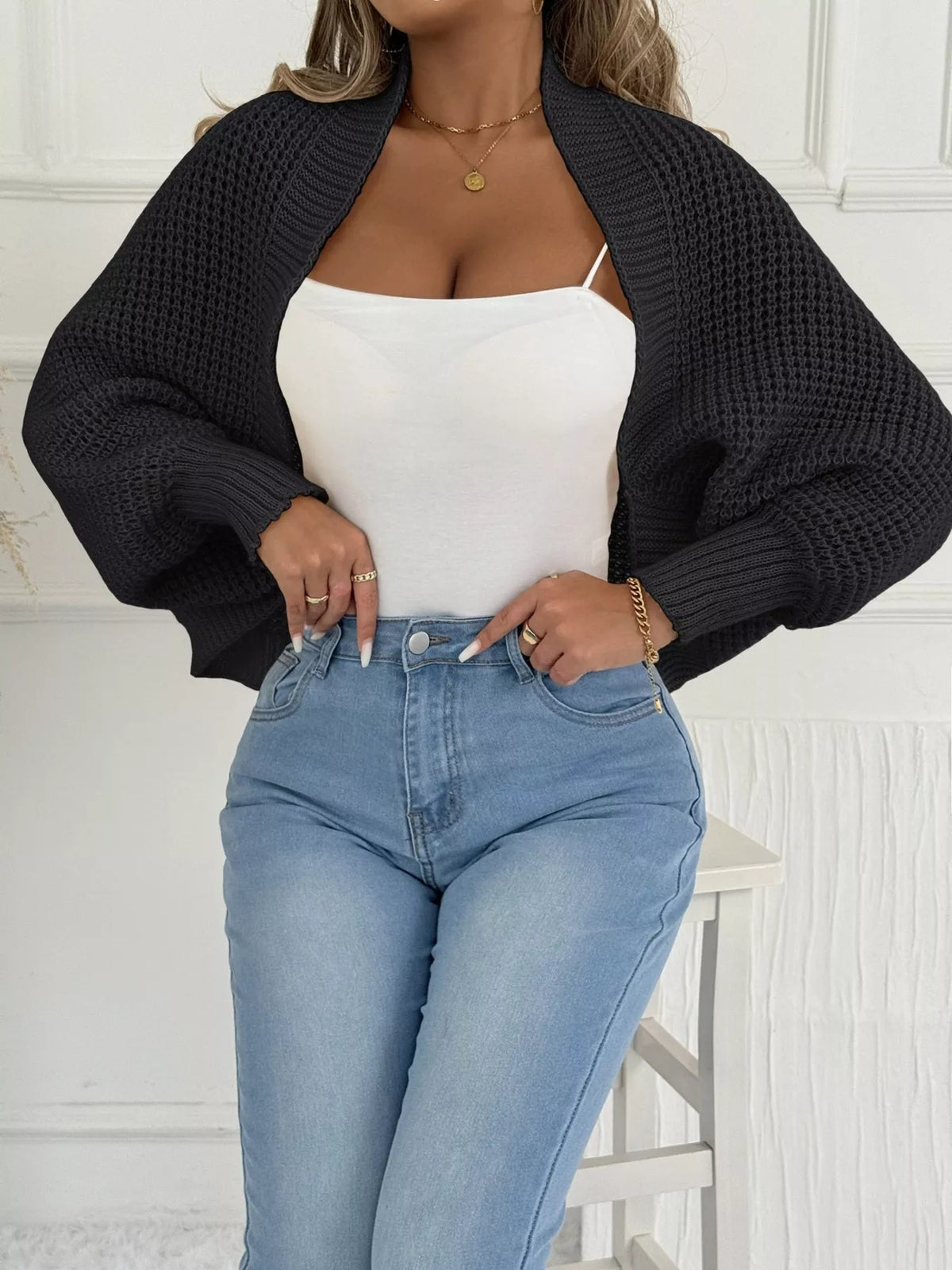 Open front batwing sleeve cardigan, fabric detail