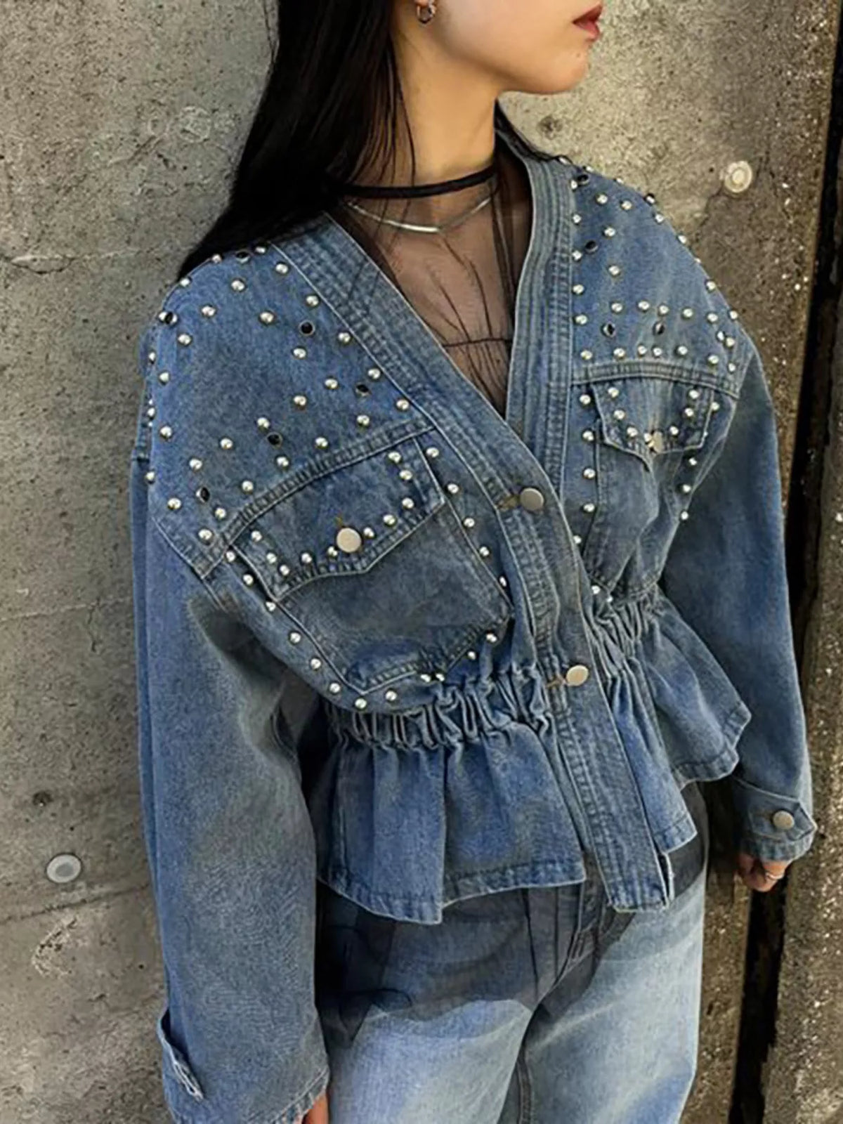 Studded Button Up Denim Jacket in Light Blue back view
