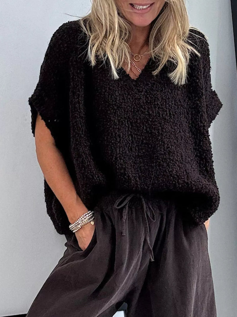 Black Textured V neck knit sweater front view
