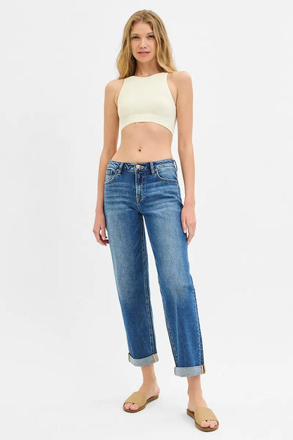 RISEN Full Size Mid Rise Boyfriend Roll Up Jeans Plus Size - Fashorio