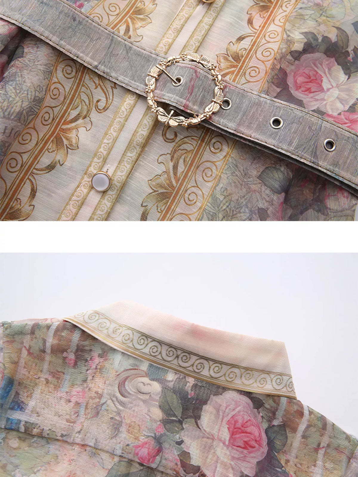 Close up of belt detail at the waist of the shirt dress