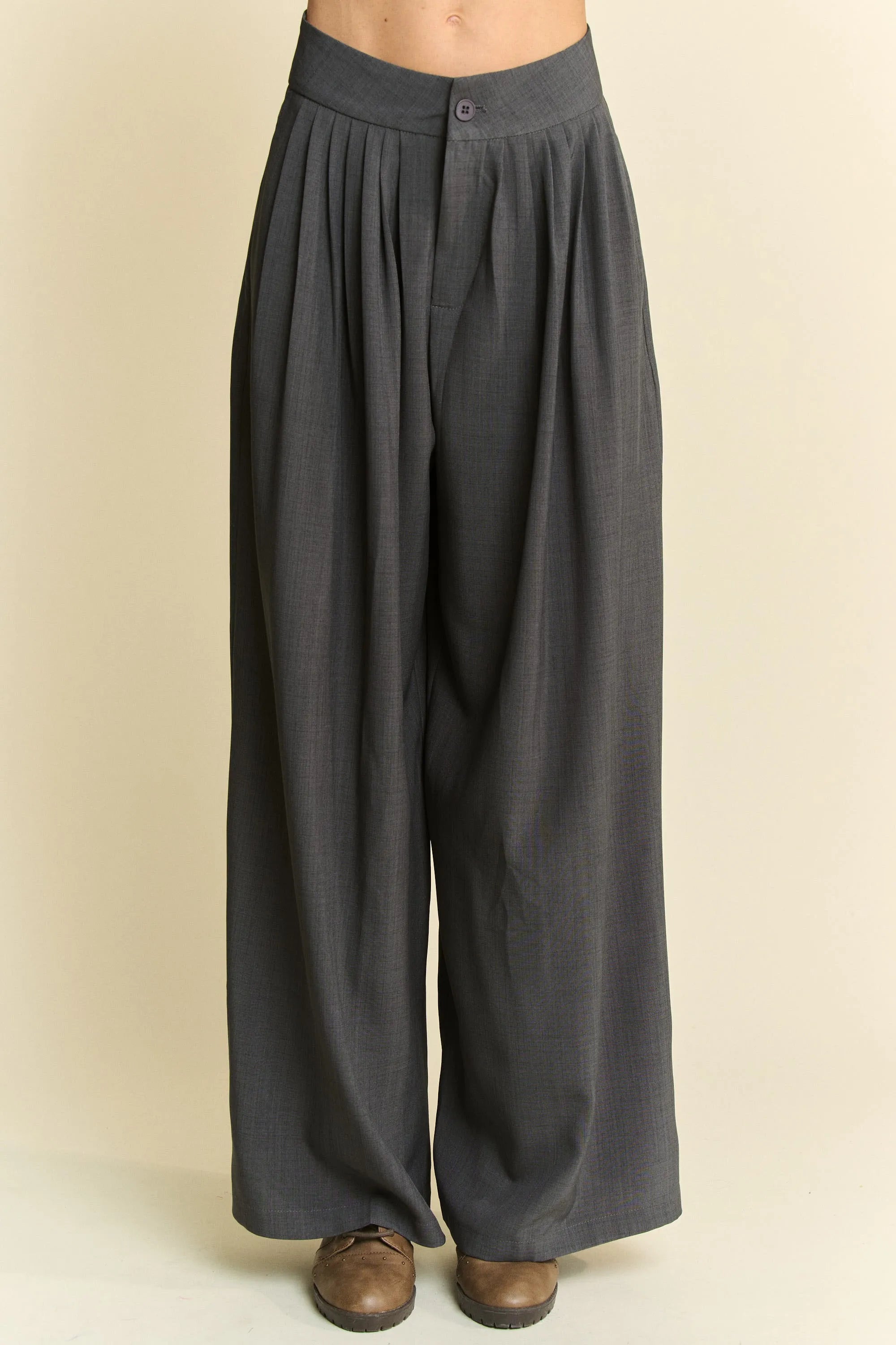Davi & Dani Solid Back Pocket Shirring Detail Wide Leg Pants GREY - Fashorio