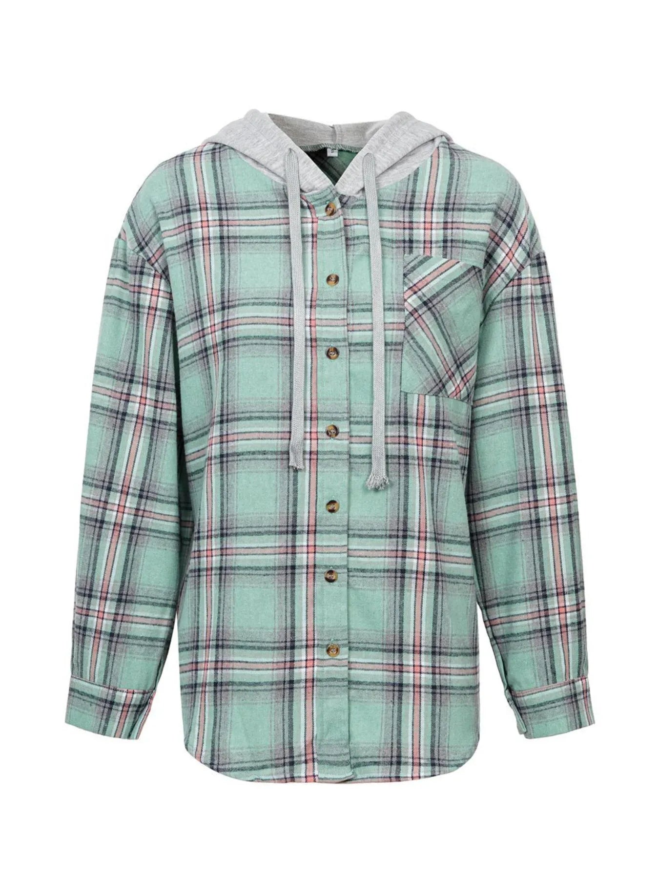 Plaid Button-Up Hooded Shirt Green - Fashorio