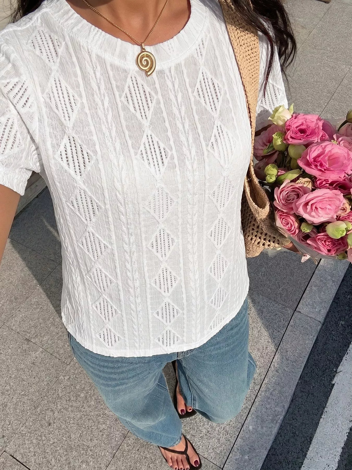 White knit tee eyelet detail