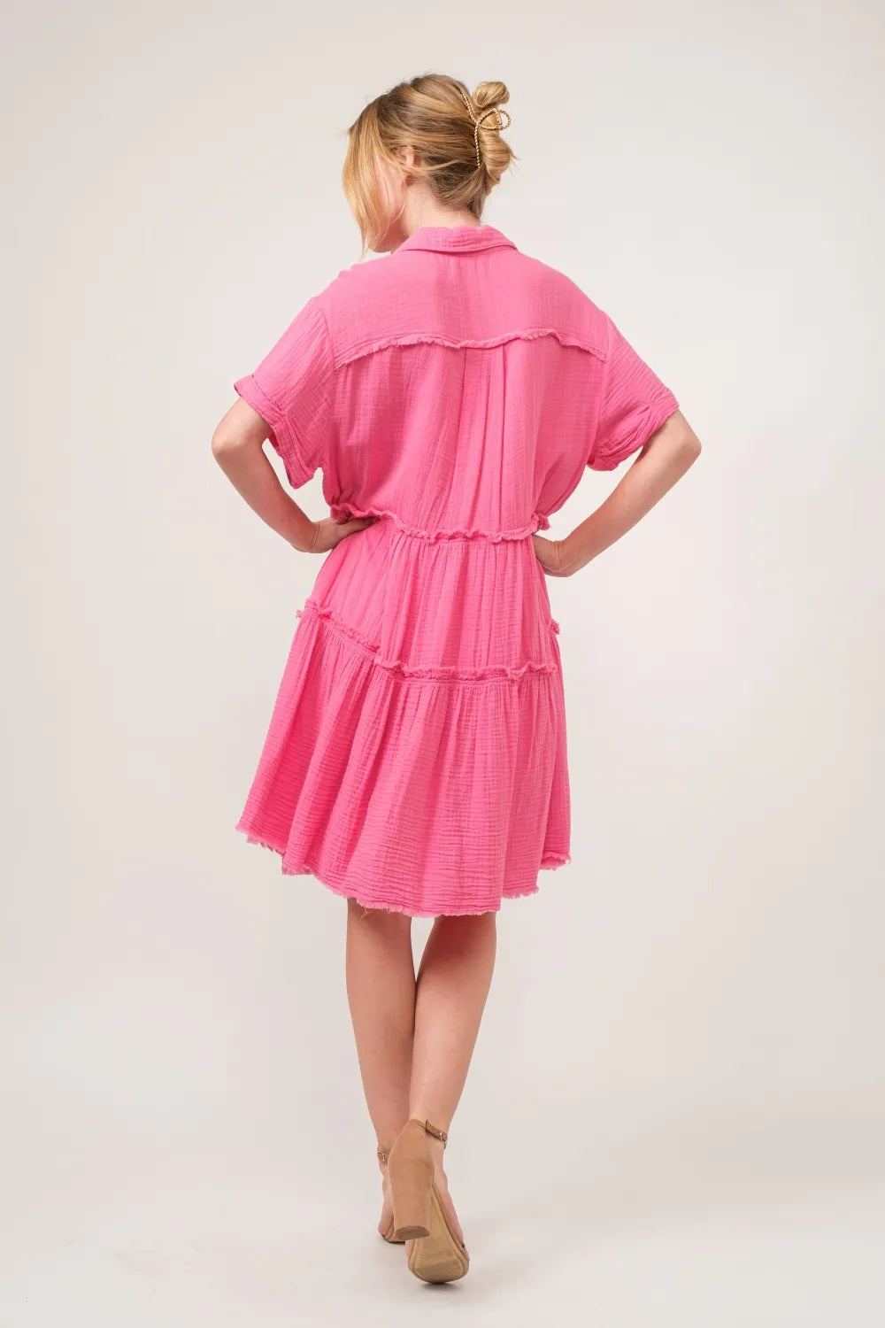 Raw Edge Washed Tiered Shirt Dress back view