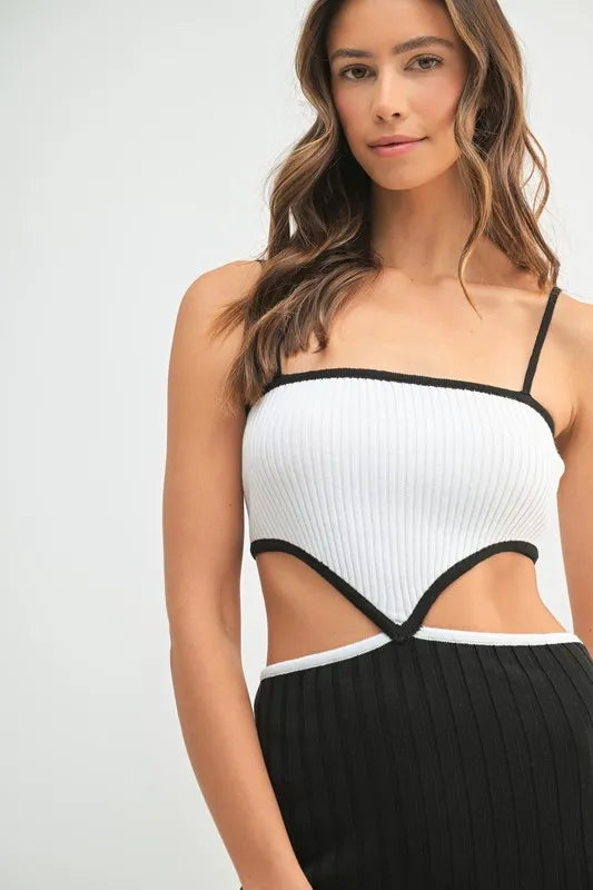 Ribbed Knit Cut Out Color Block Midi Dress in Black view 8