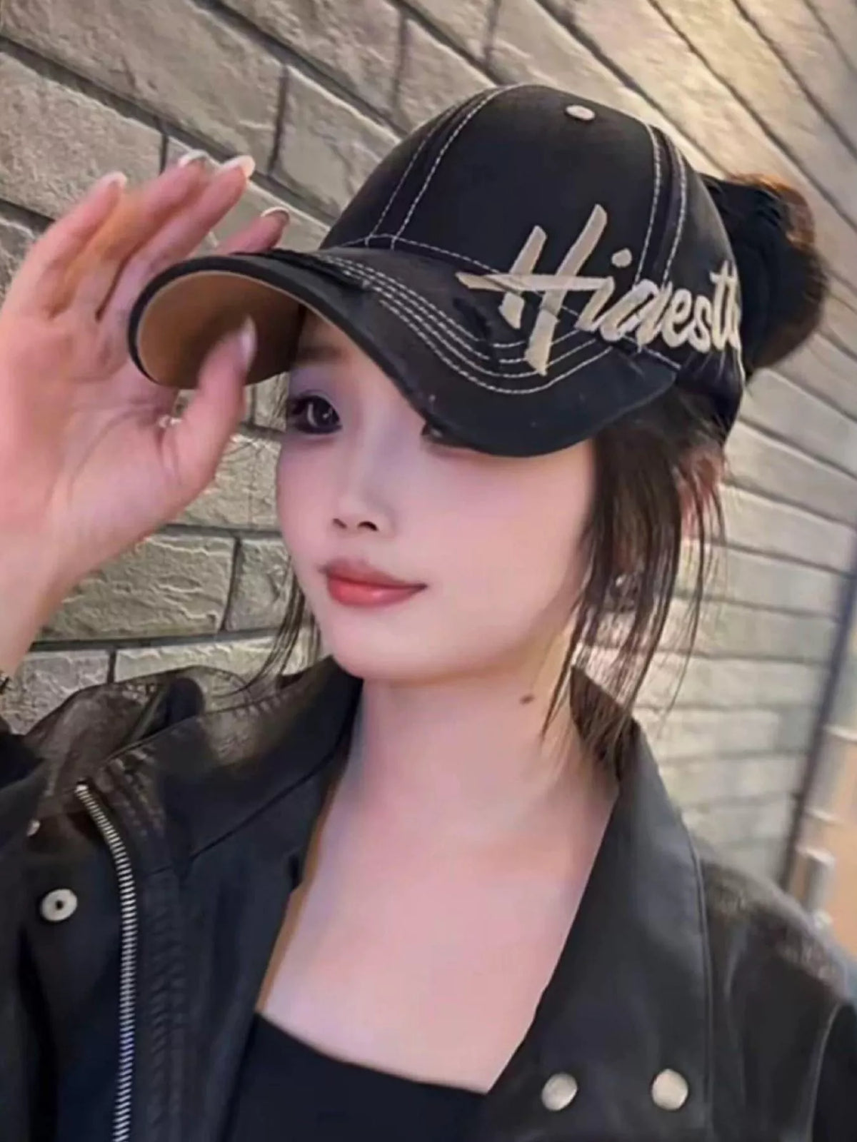 Cotton dad hat with embroidered front styled on a model