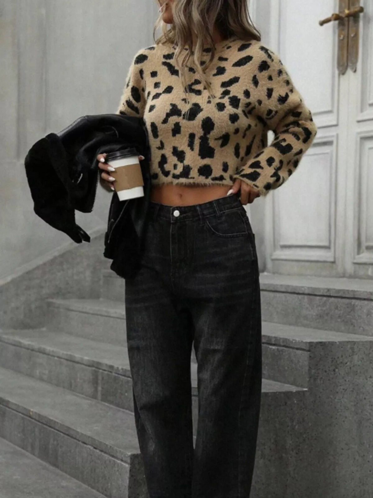 Leopard cropped sweater styled look