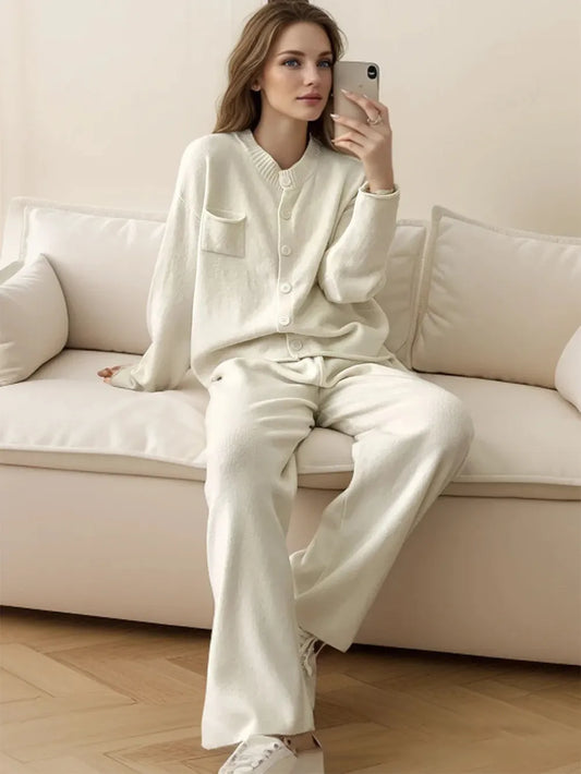 Pocketed Round Neck Button Up Cardigan and Pants Sweater Set White One Size - Fashorio