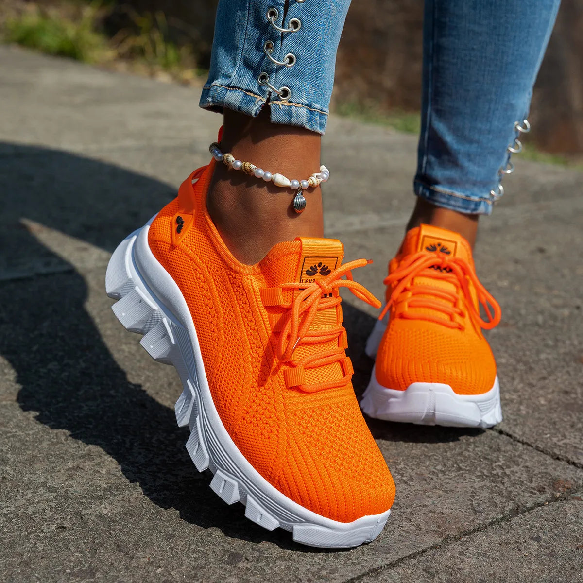 Mesh Lace Up Platform Athletic Orange - Fashorio