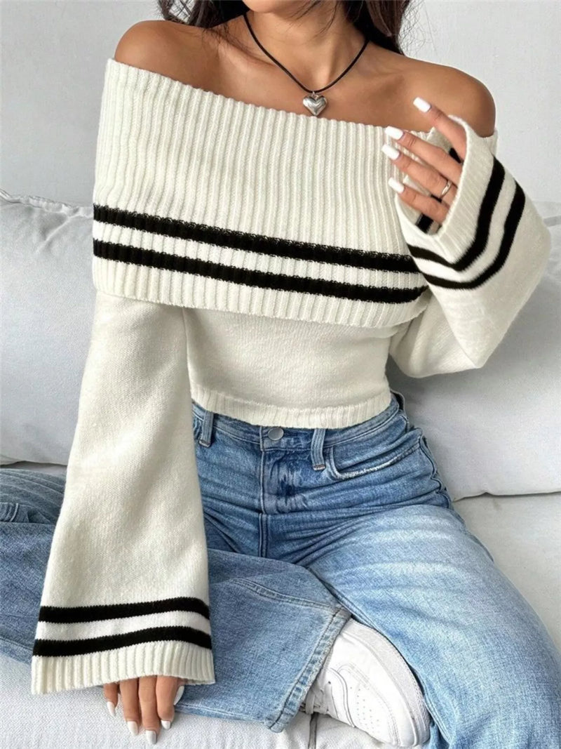 Off shoulder striped flare sleeve sweater front