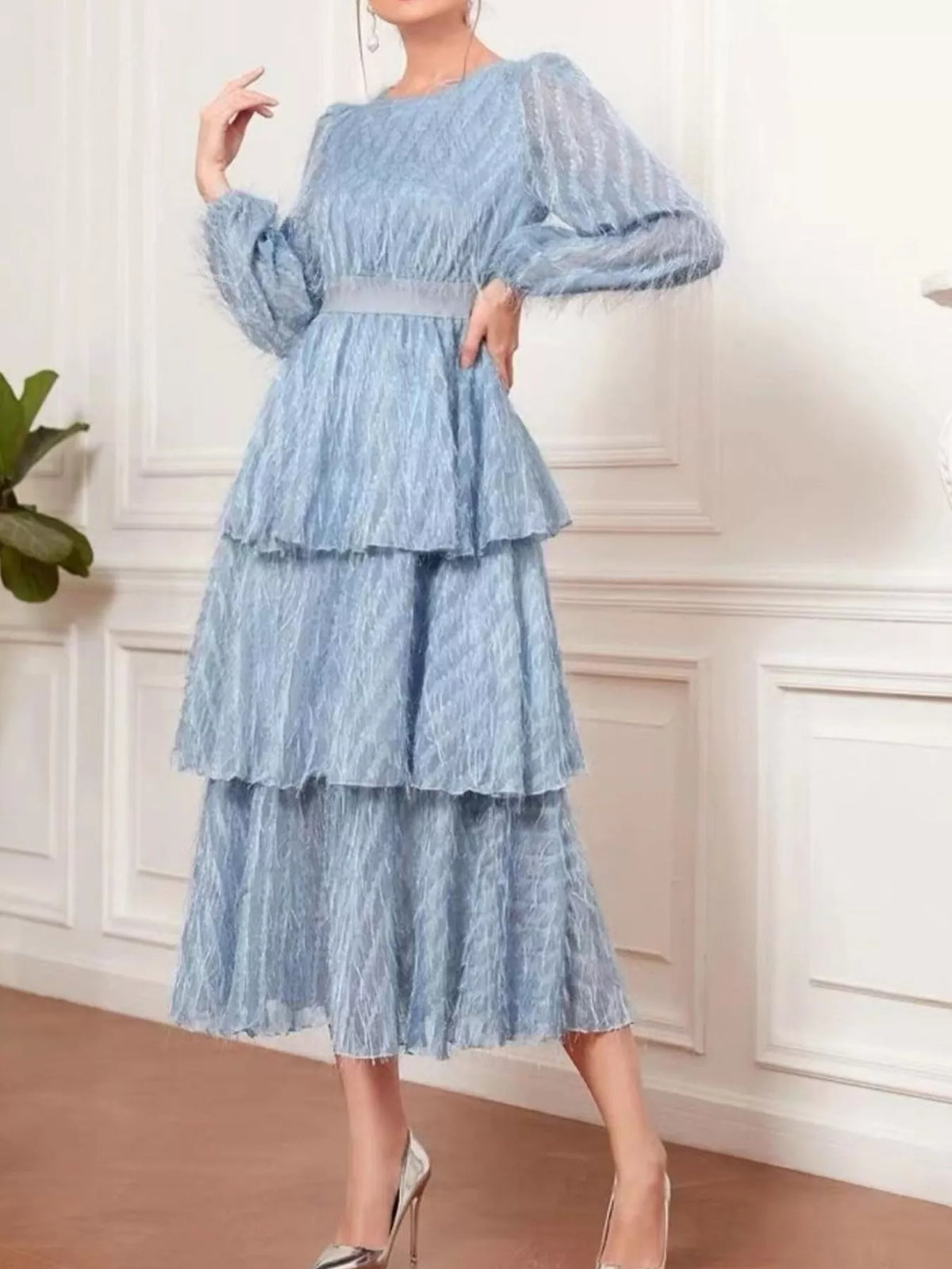 Balloon sleeve midi dress fringe and tier detail