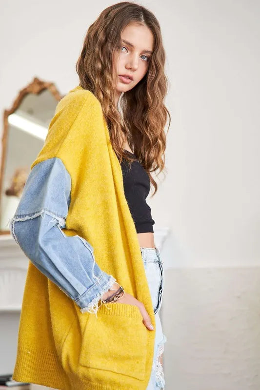 ADORA Full Size Frayed Denim Sleeve Sweater Cardigan Plus Size - Fashorio