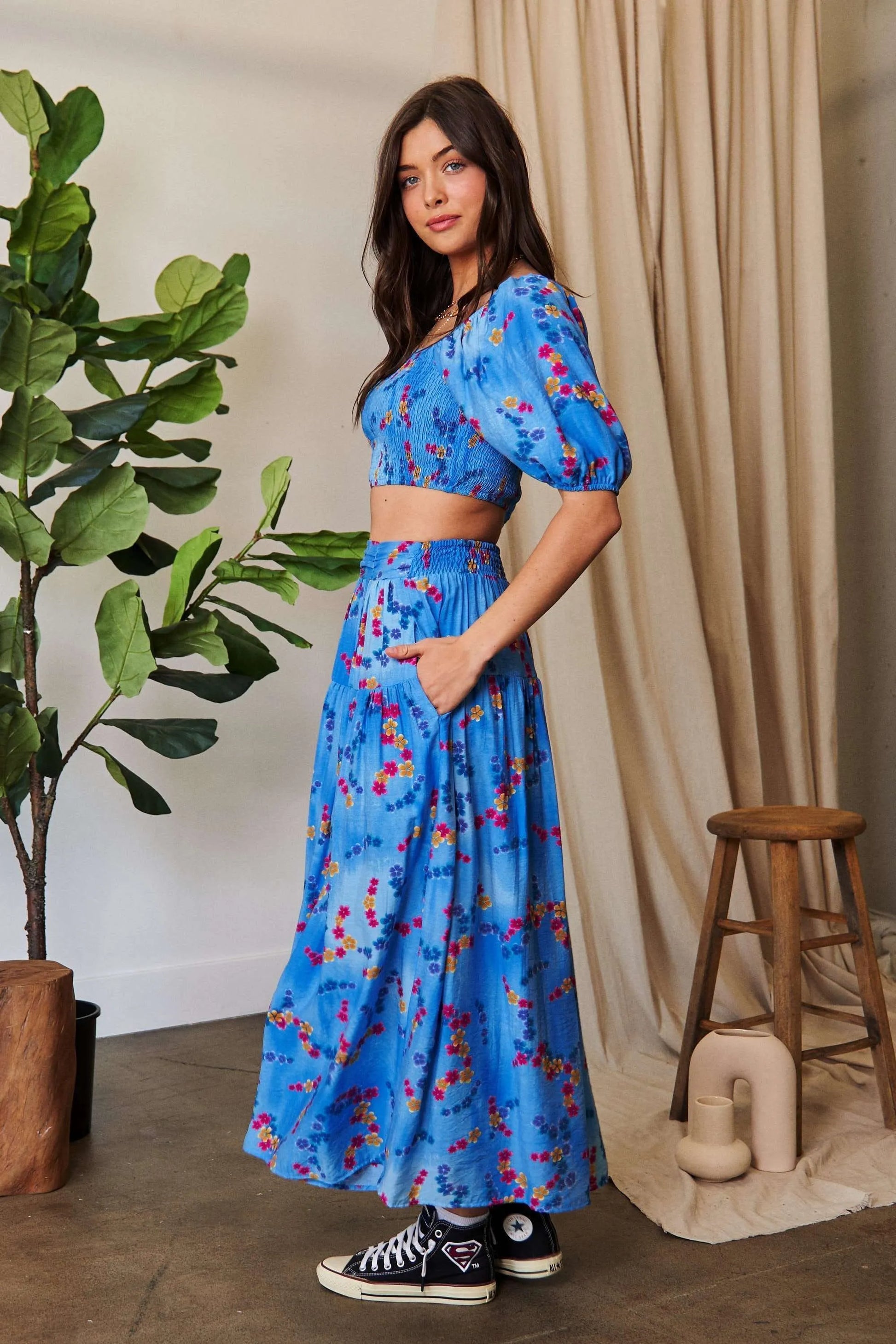 Davi & Dani Printed Smocking Waistband Ruffled Maxi Skirt - Fashorio