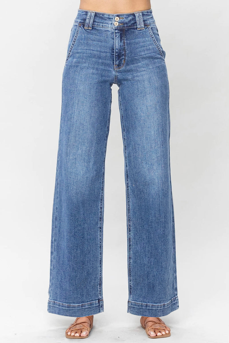 Sky blue high waist straight leg jeans front view