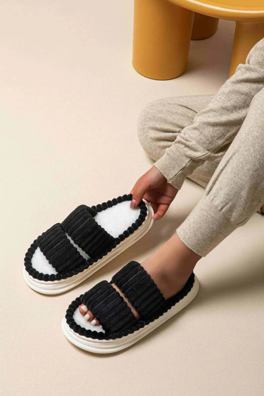 Open Toe Fluff Platform Slippers - Fashorio