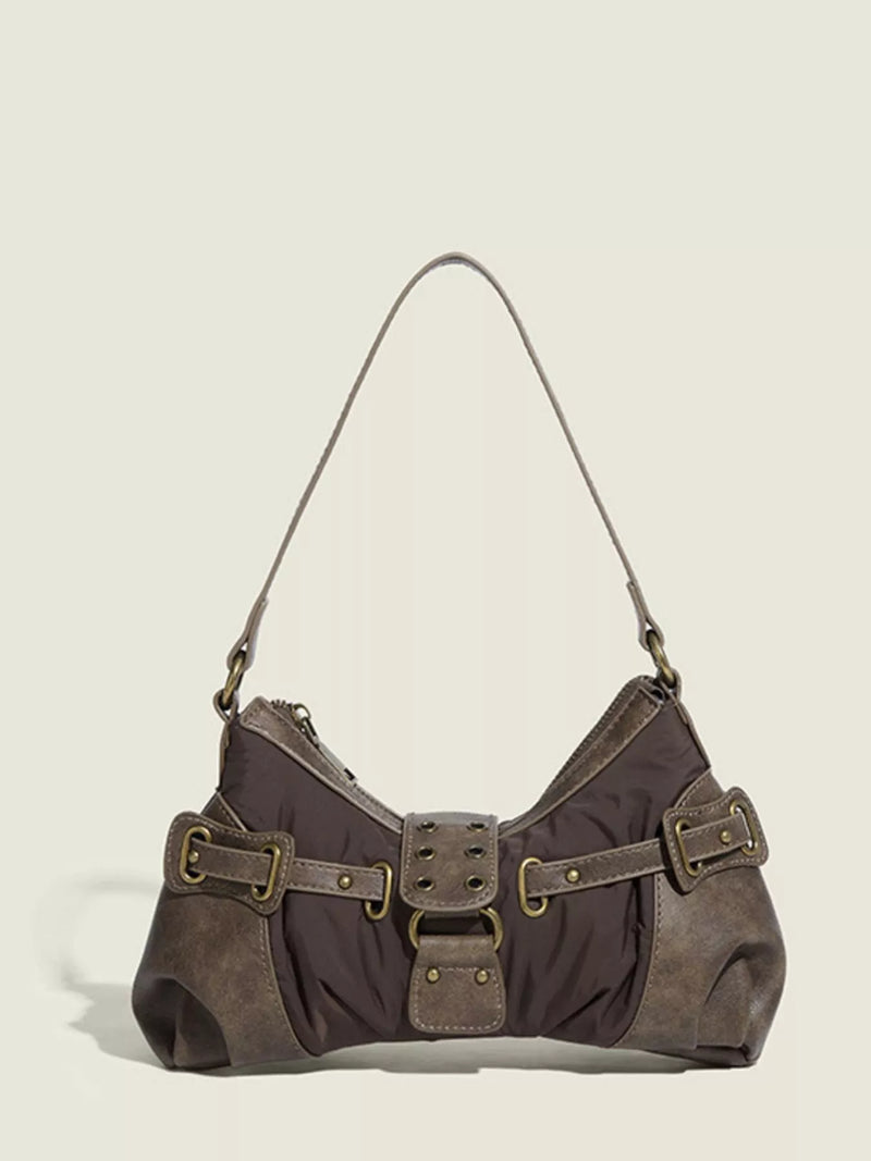 Coffee brown vintage buckle shoulder bag front view