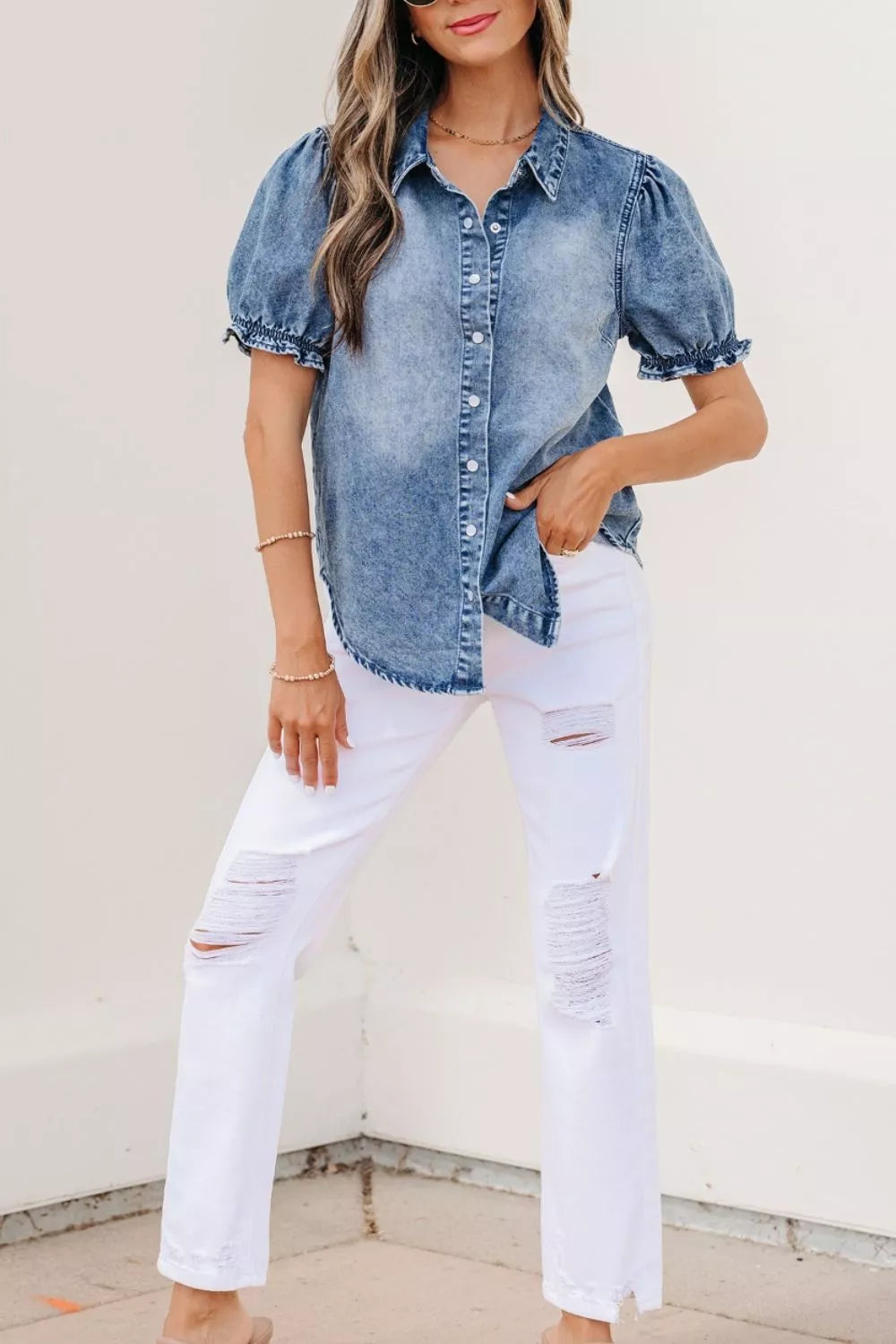Medium wash frilled snap button denim shirt back view