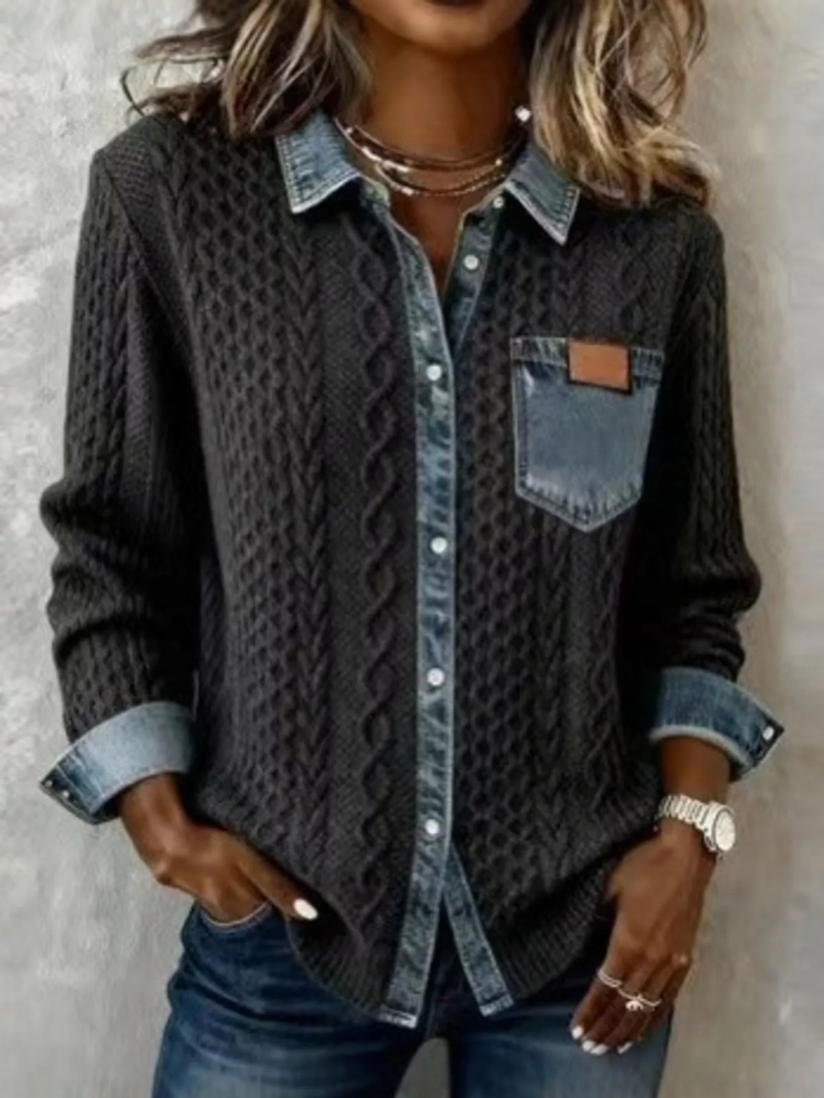 Denim trim cable knit cardigan back view