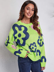 Flower Pattern Round Neck Long Sleeve Sweater Light Green - Fashorio