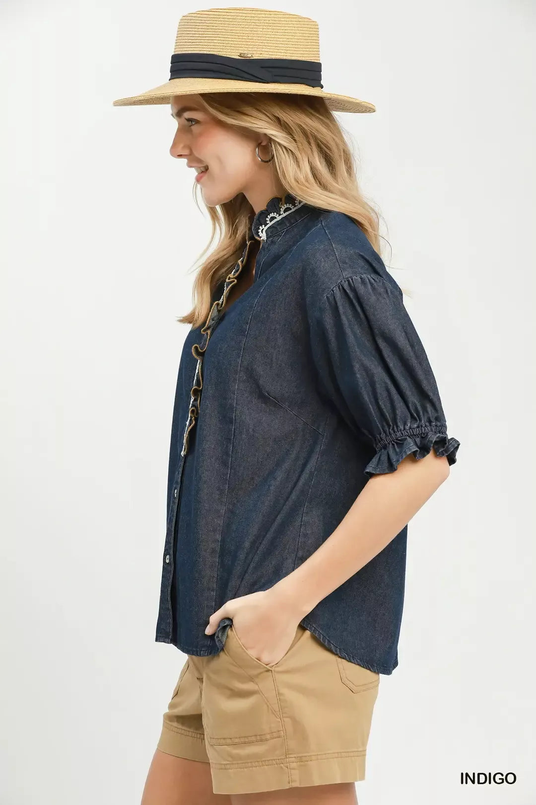 Indigo chambray scalloped trim button front blouse front view
