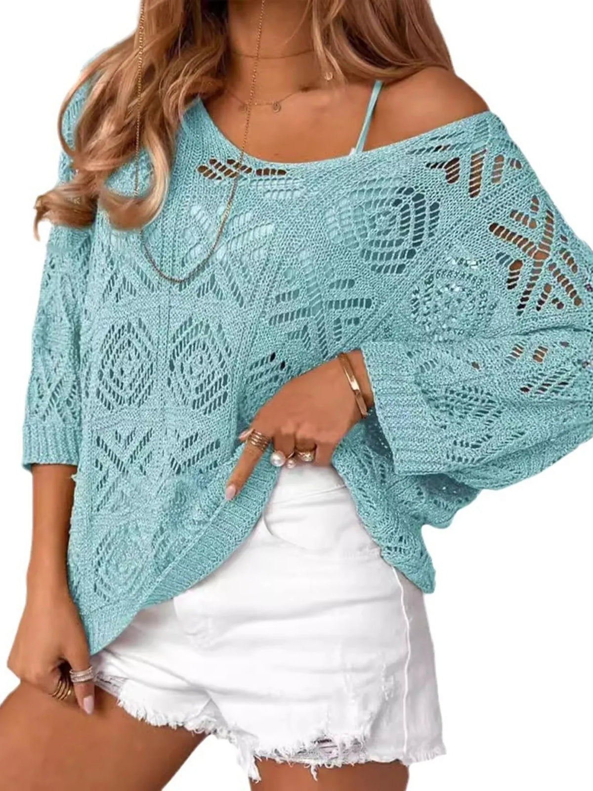 openwork 3/4 sleeve knit cover up back view