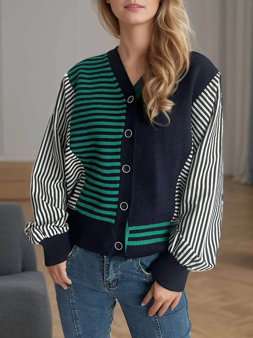 Striped Button Down Long Sleeve Cardigan - Fashorio