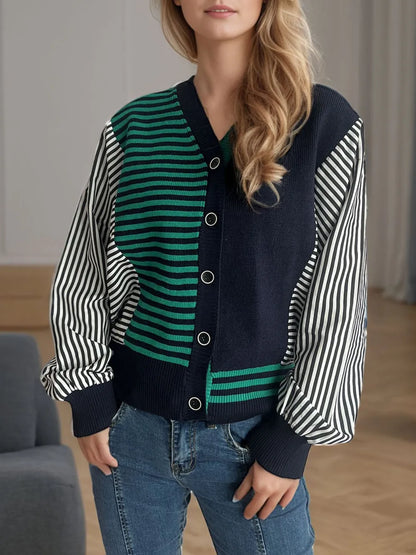 Striped Button Down Long Sleeve Cardigan - Fashorio