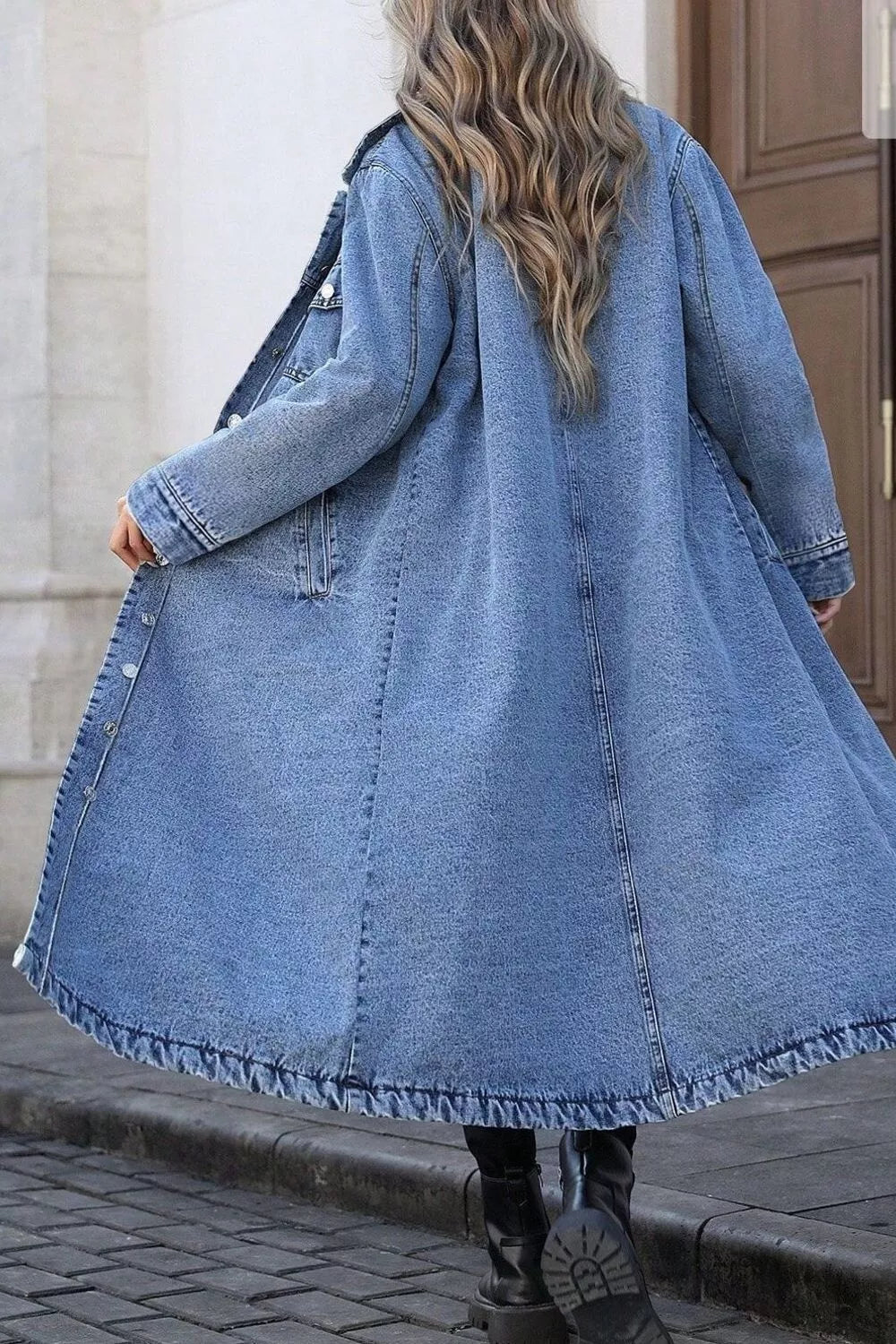 Longline Button Down Denim Jacket in Blue on model
