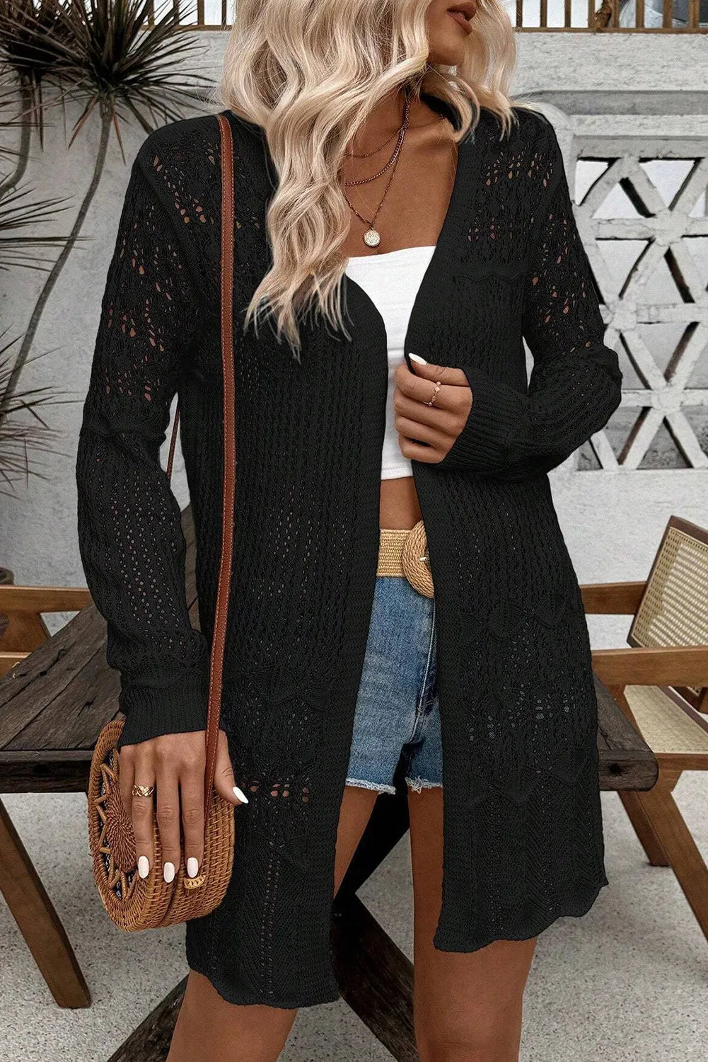 Openwork Open Front Long Sleeve Cardigan - Fashorio