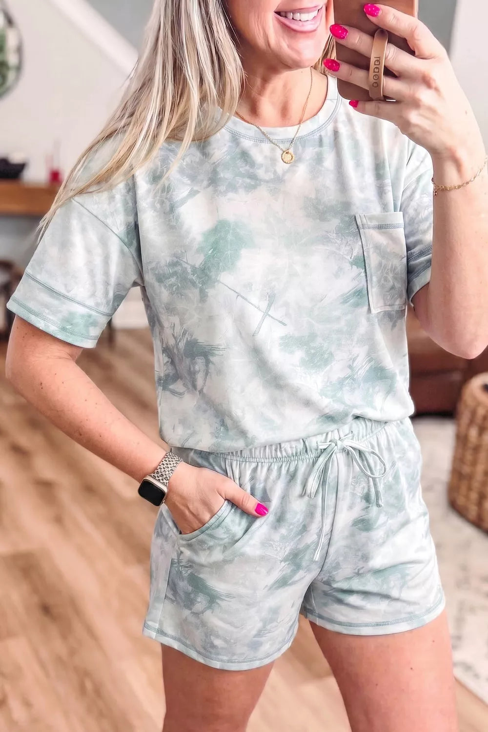 Sage tie dye two piece top and drawstring shorts set front view