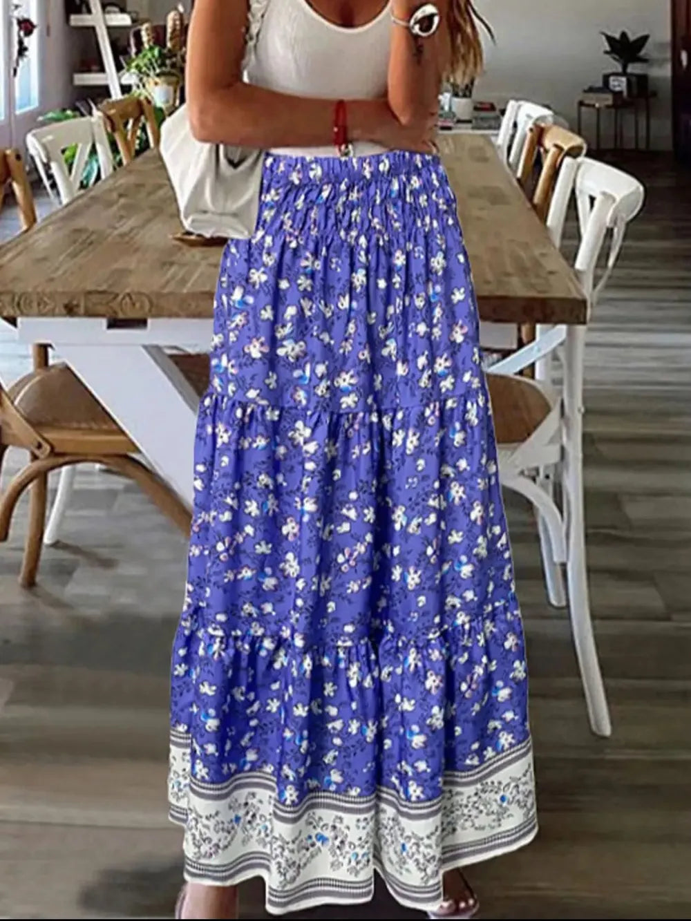 Colorful tiered printed maxi skirt styling