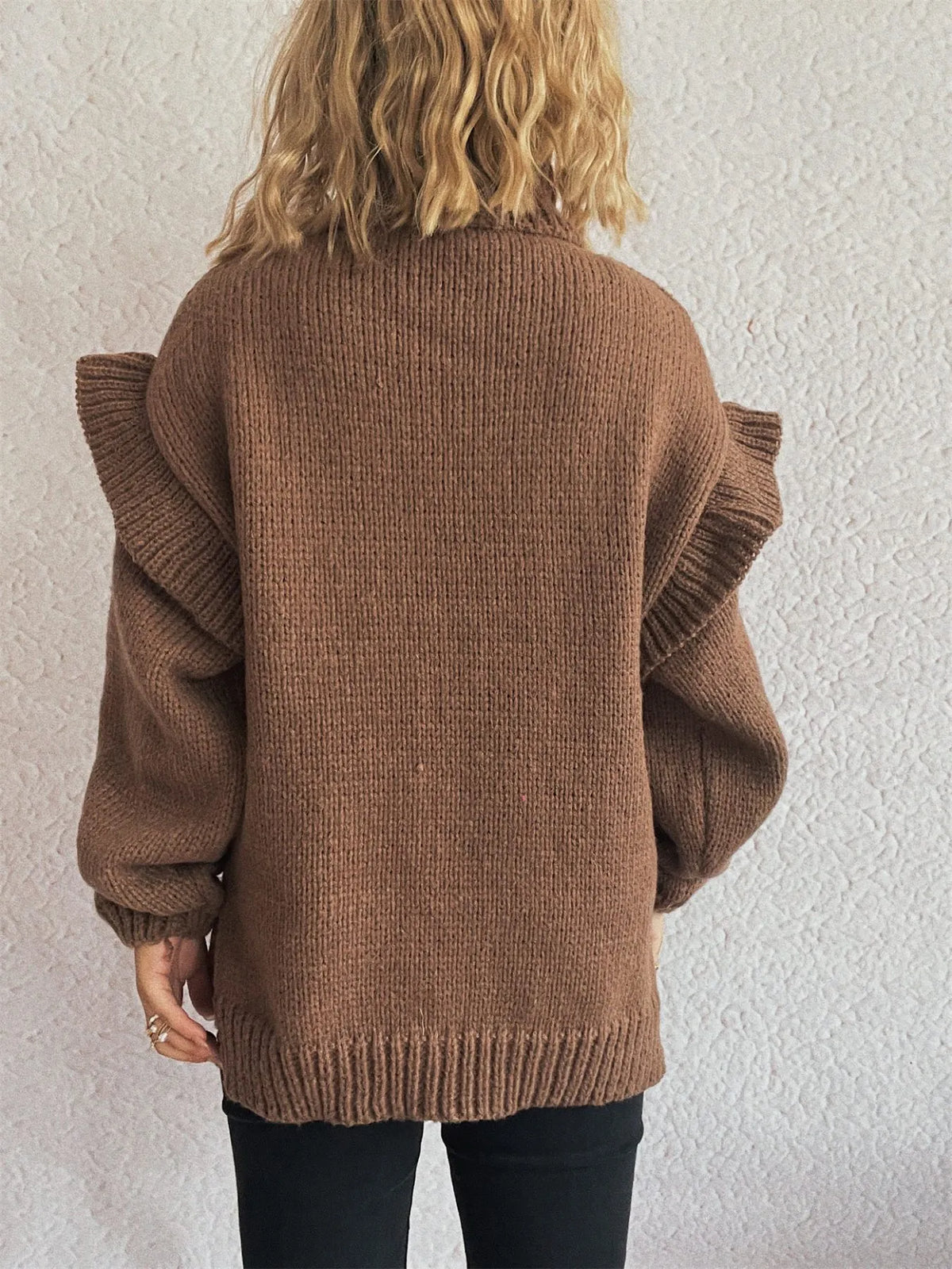 Ruffled turtleneck long sleeve sweater front view