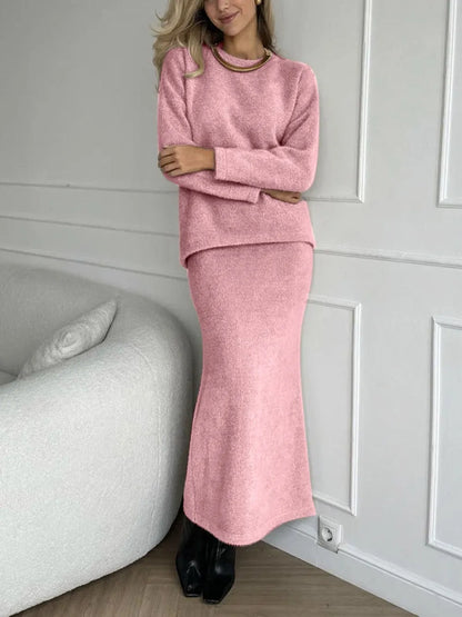 Round Neck Dropped Shoulder Top and Midi Skirt Sweater Set - Fashorio
