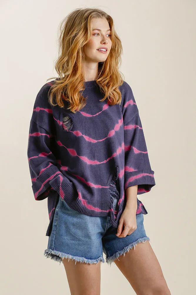 Tie Dye Distressed Side Slit Sweater Plus Size in Navy and Fuchsia