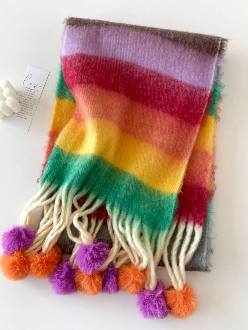 Rainbow striped fuzzy pom pom scarf in heliotrope purple