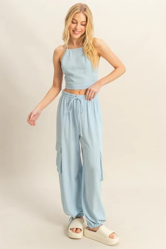HYFVE Crop Top and Cargo Pants Set L.BLUE - Fashorio