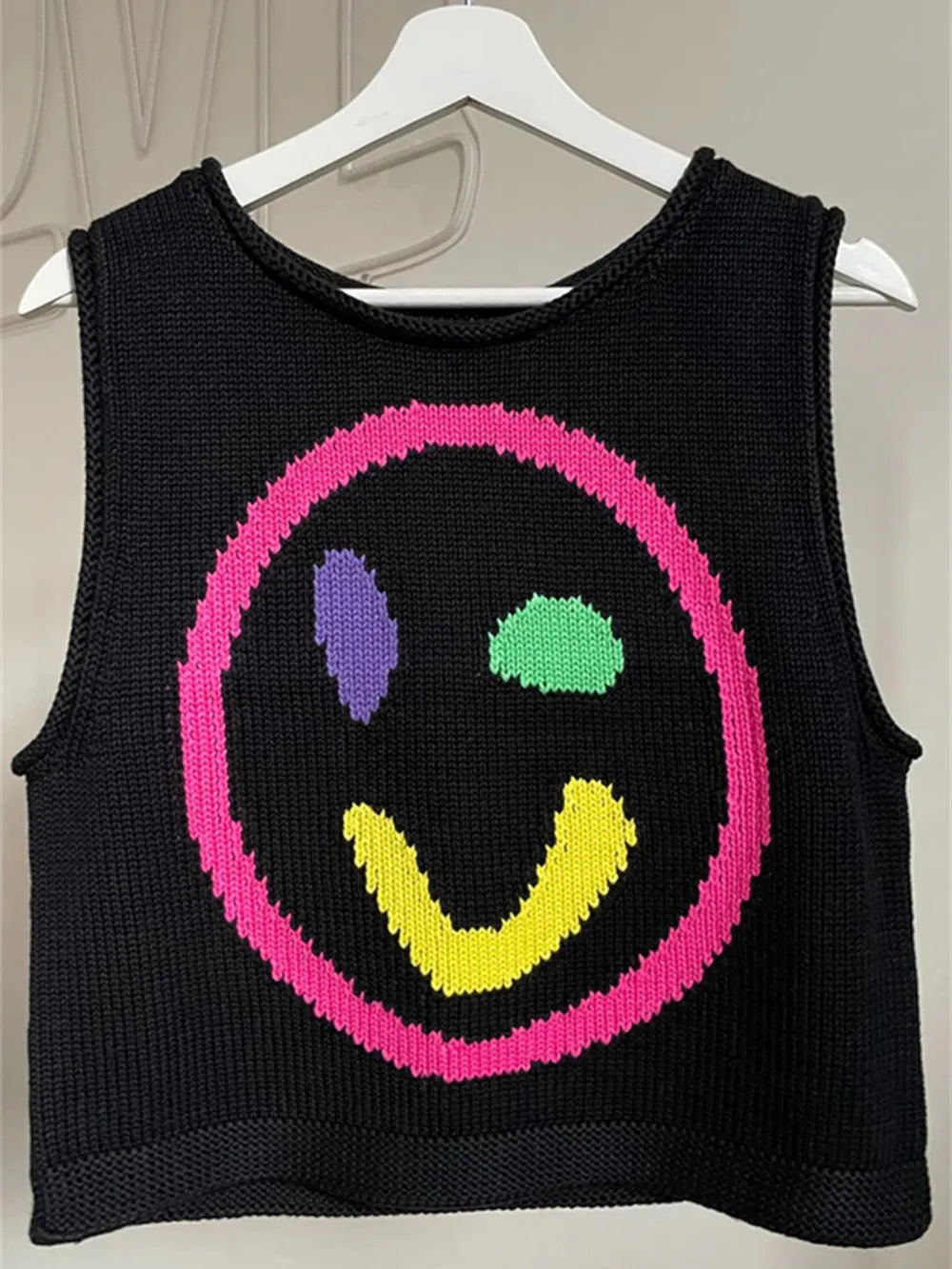 Smiley Face Round Neck Sweater Vest in Mustard view 7