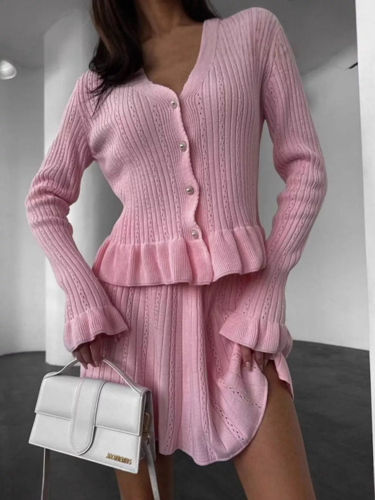 Ruffle trim knit cardigan and skirt set front view