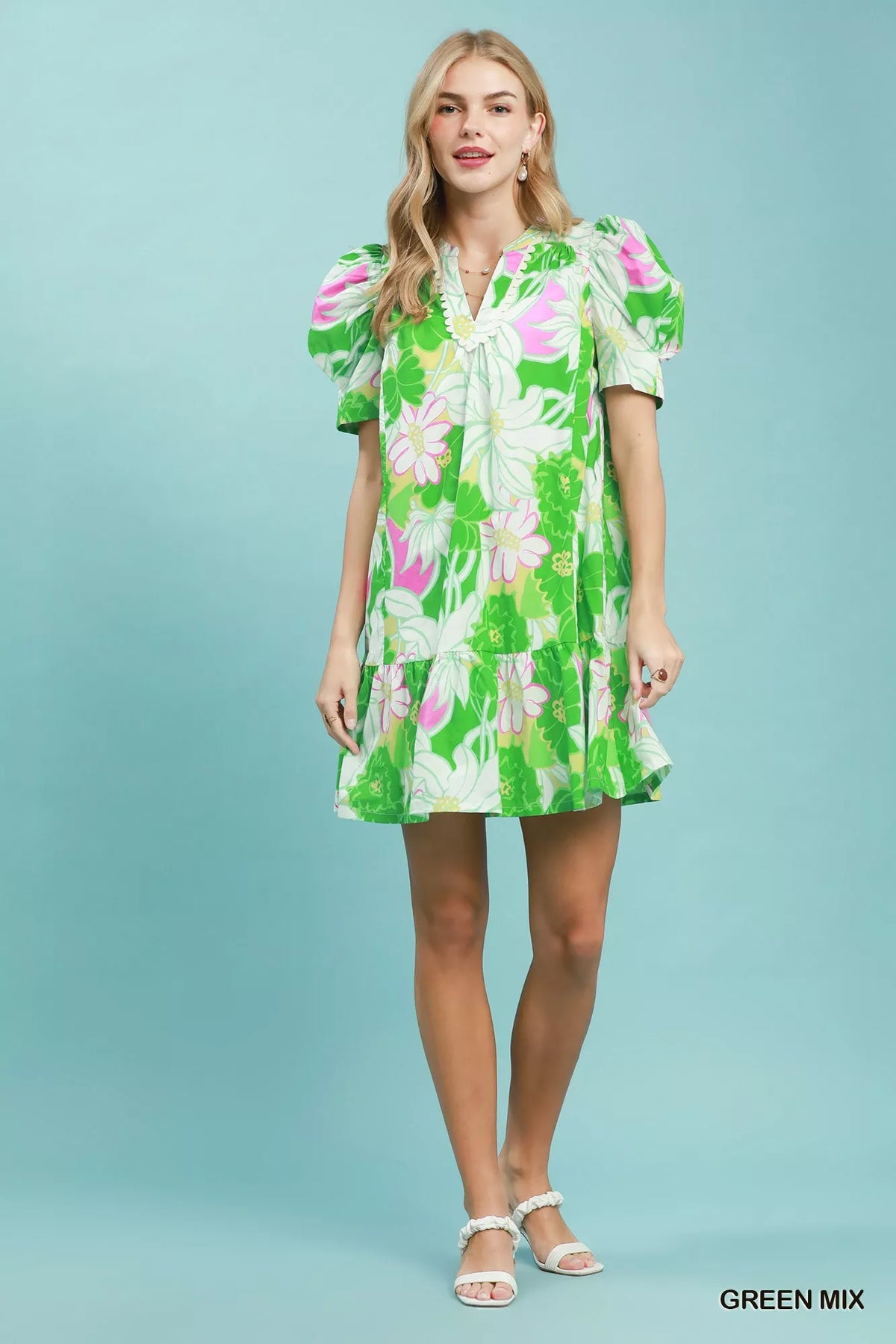 Umgee green floral puff sleeve tiered mini dress detail view