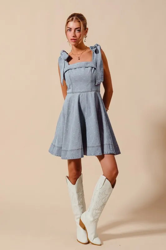 SO ME A Line Fit and Flare Diamond Bow Ribbon Denim Dres - Fashorio