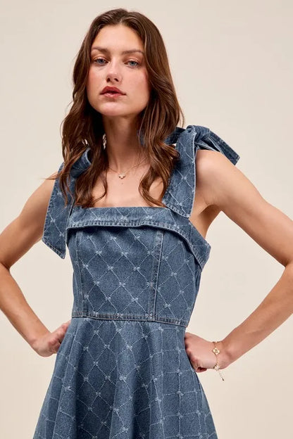 SO ME A Line Fit and Flare Diamond Bow Ribbon Denim Dres - Fashorio