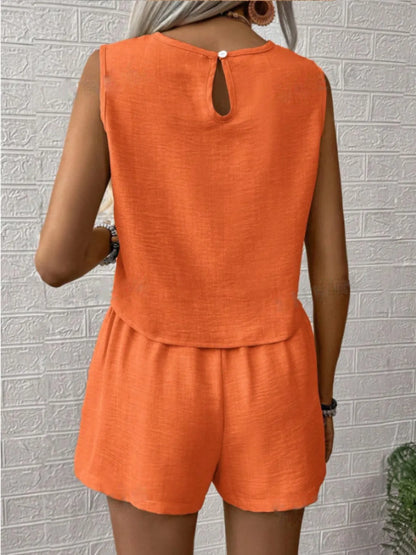 Round Neck Sleeveless Top and Shorts Set - Fashorio
