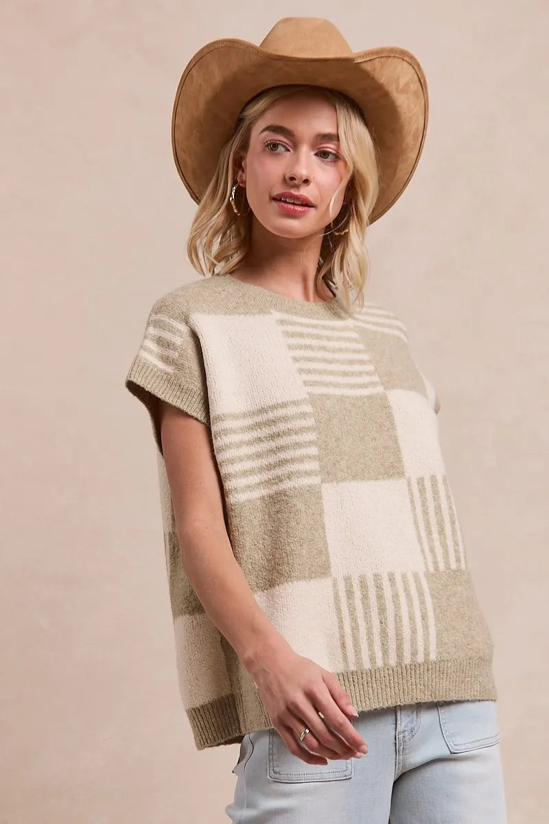 Olive Check and Stripe Sleeveless Sweater styled look