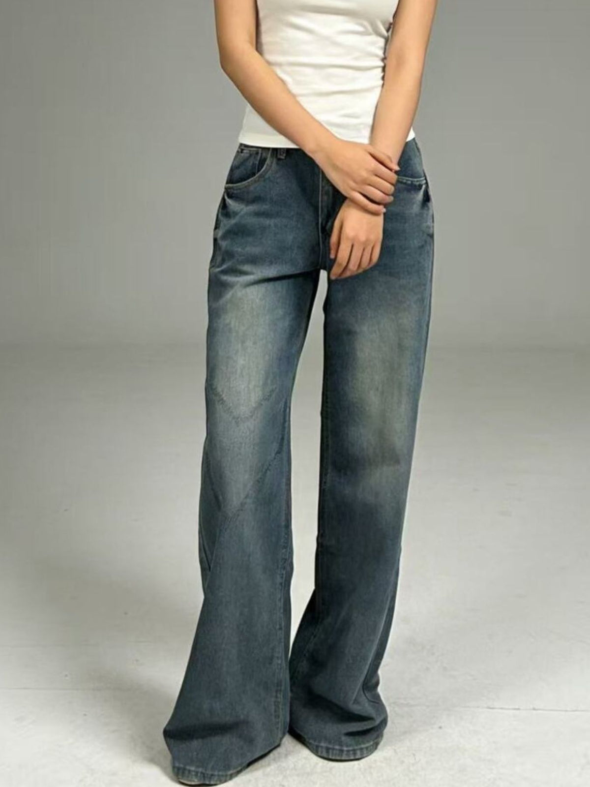Dark vintage wash wide leg jeans front view