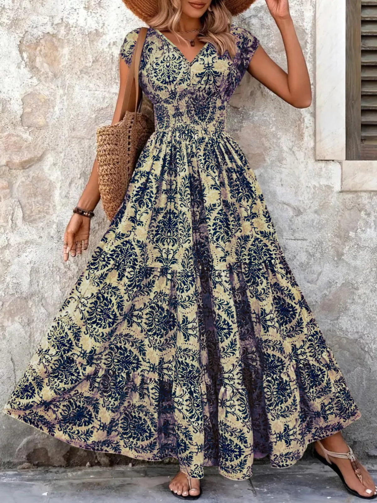 Printed V-Neck Tiered Maxi Dress Plus Size, view 9